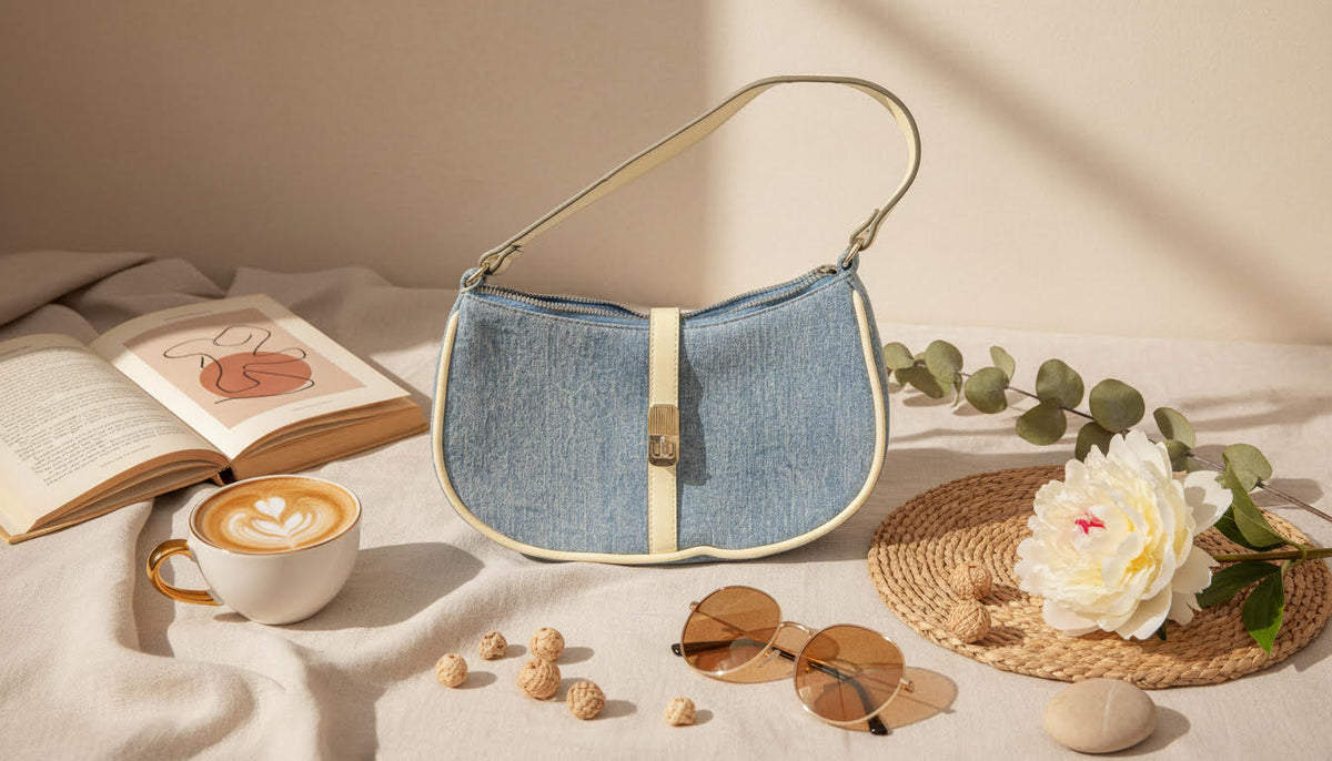 Denim Shoulder Bag with Cream Leather Trim and Buckle Accent - Charming Charlie