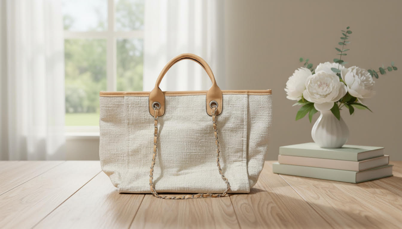 Neutral Woven Tote Bag with Leather Handles - Charming Charlie