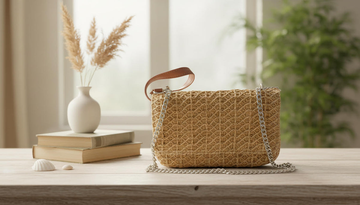 Woven Straw Crossbody Bag with Chain Strap and Leather Handle - Charming Charlie