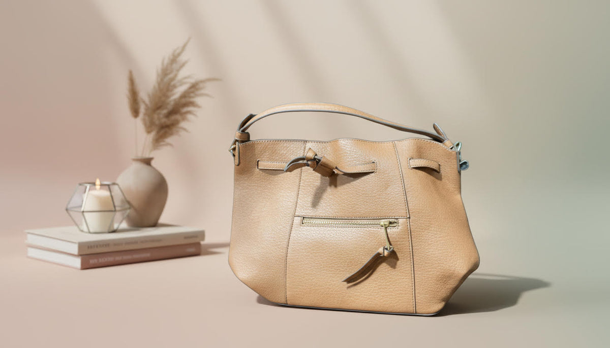 Chic Beige Leather Tote with Front Zipper Pocket - Charming Charlie