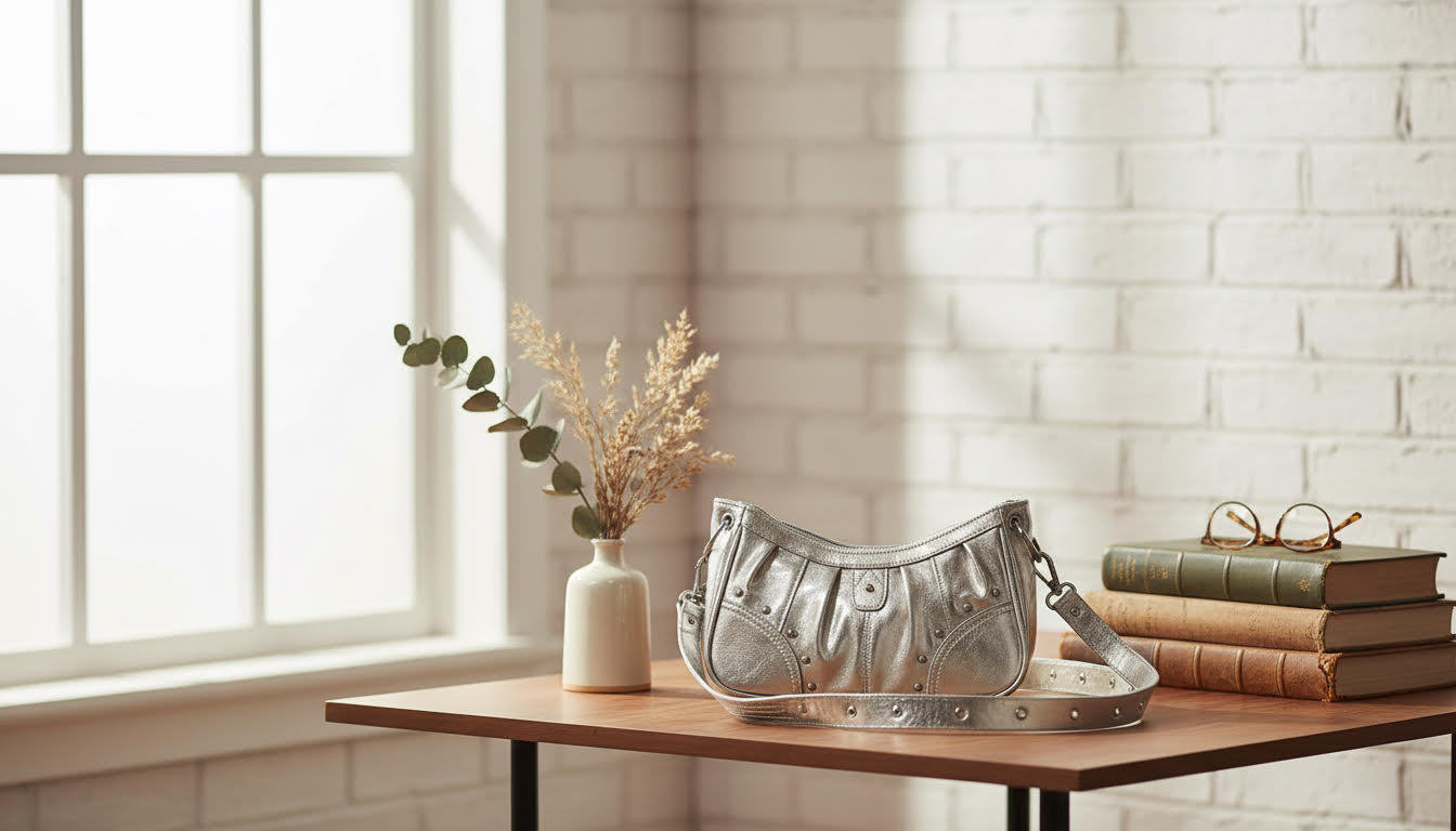 Metallic Silver Shoulder Bag with Studded Accents - Charming Charlie