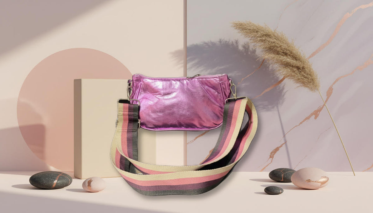 Metallic Pink Crossbody Bag with Wide Striped Shoulder Strap - Charming Charlie