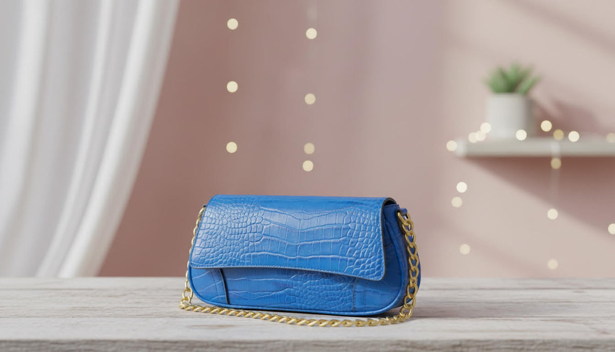 Blue Crocodile-Textured Handbag with Gold Chain - Charming Charlie