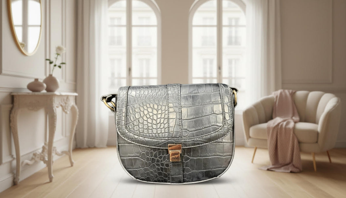Silver Crocodile-Textured Shoulder Bag - Charming Charlie