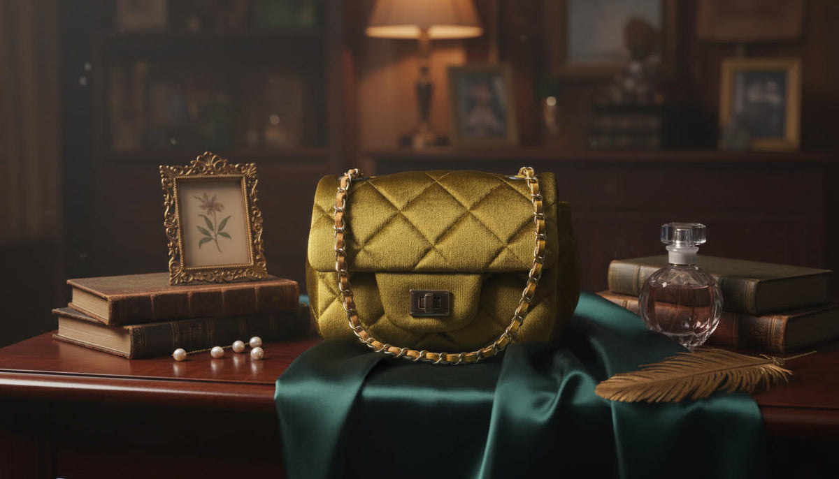 Luxurious Oive Quilted Handbag with Gold Chain - Charming Charlie