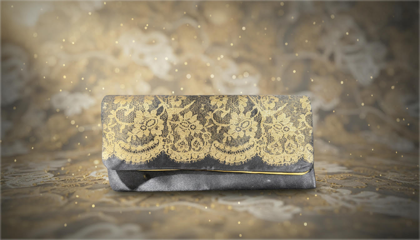 Black Clutch Adorned with Intricate Gold Lace - Charming Charlie