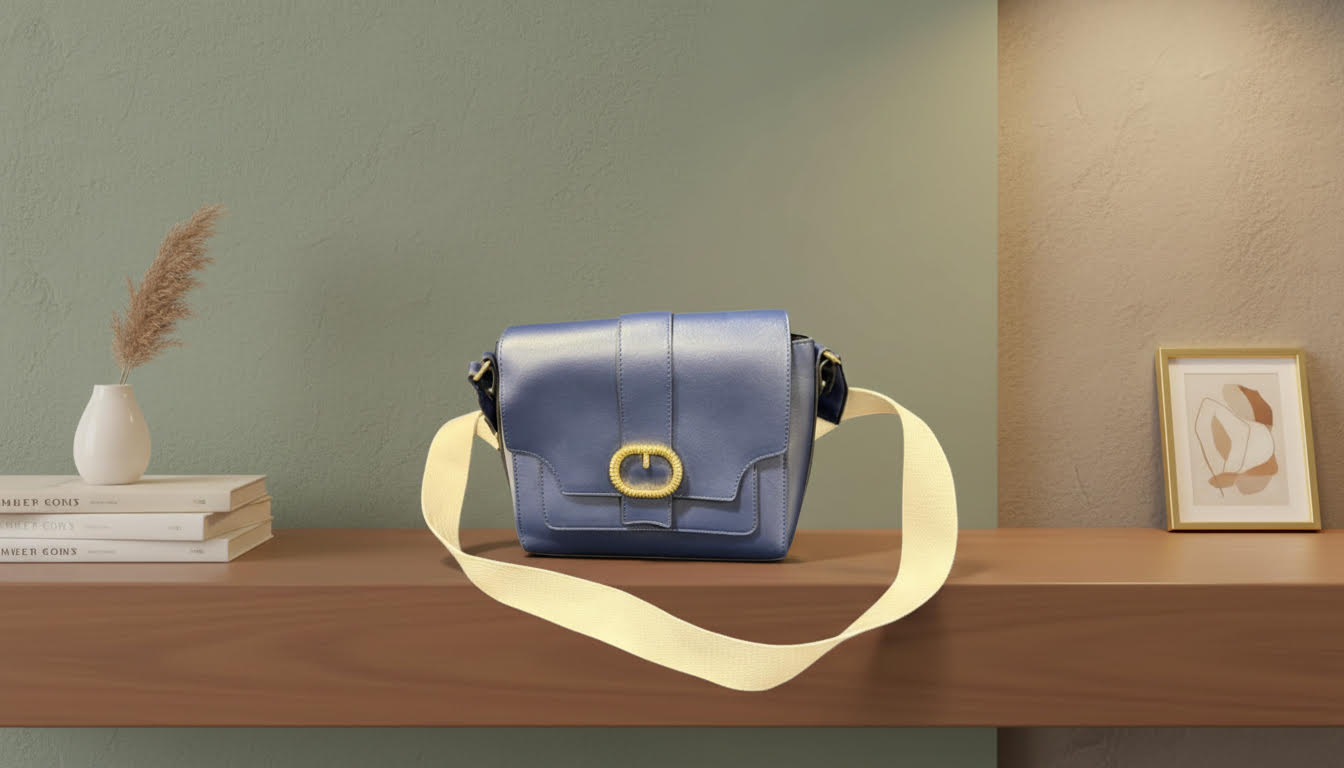 Blue Leather Crossbody Bag with a Gold Buckle and Cream Strap - Charming Charlie