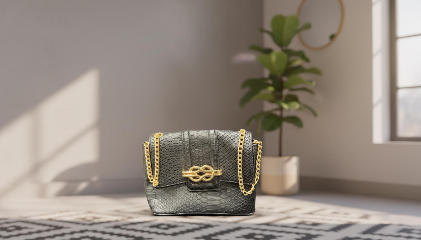 Black Textured Handbag with Gold Chain Accents - Charming Charlie