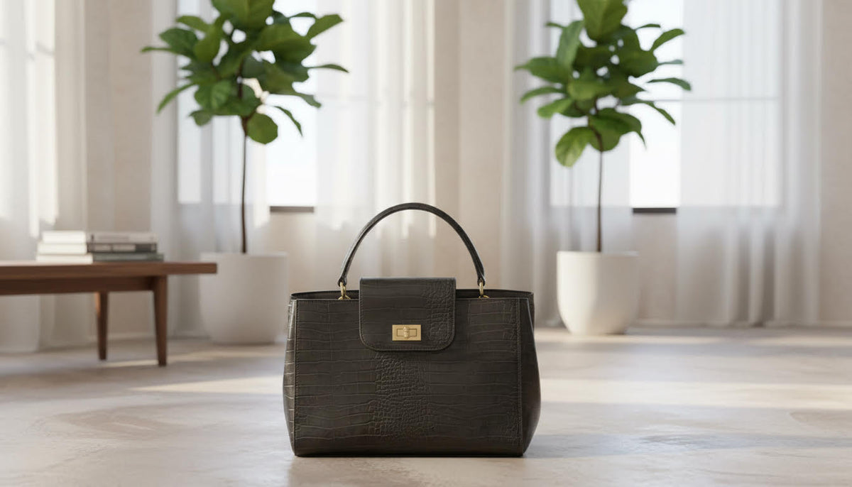 Black Croc-Embossed Handbag with Top Handle - Charming Charlie