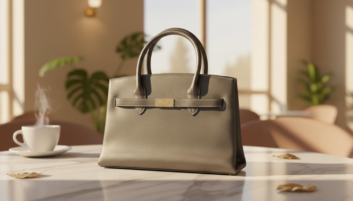 Chic Taupe Leather Handbag with Gold-Tone Clasp - Charming Charlie