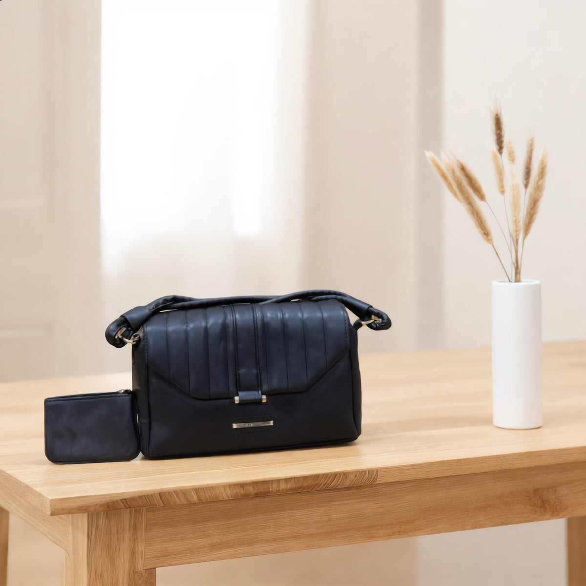 Chic Black Pleated Satchel Handbag with Matching Wristlet Pouch - Charming Charlie