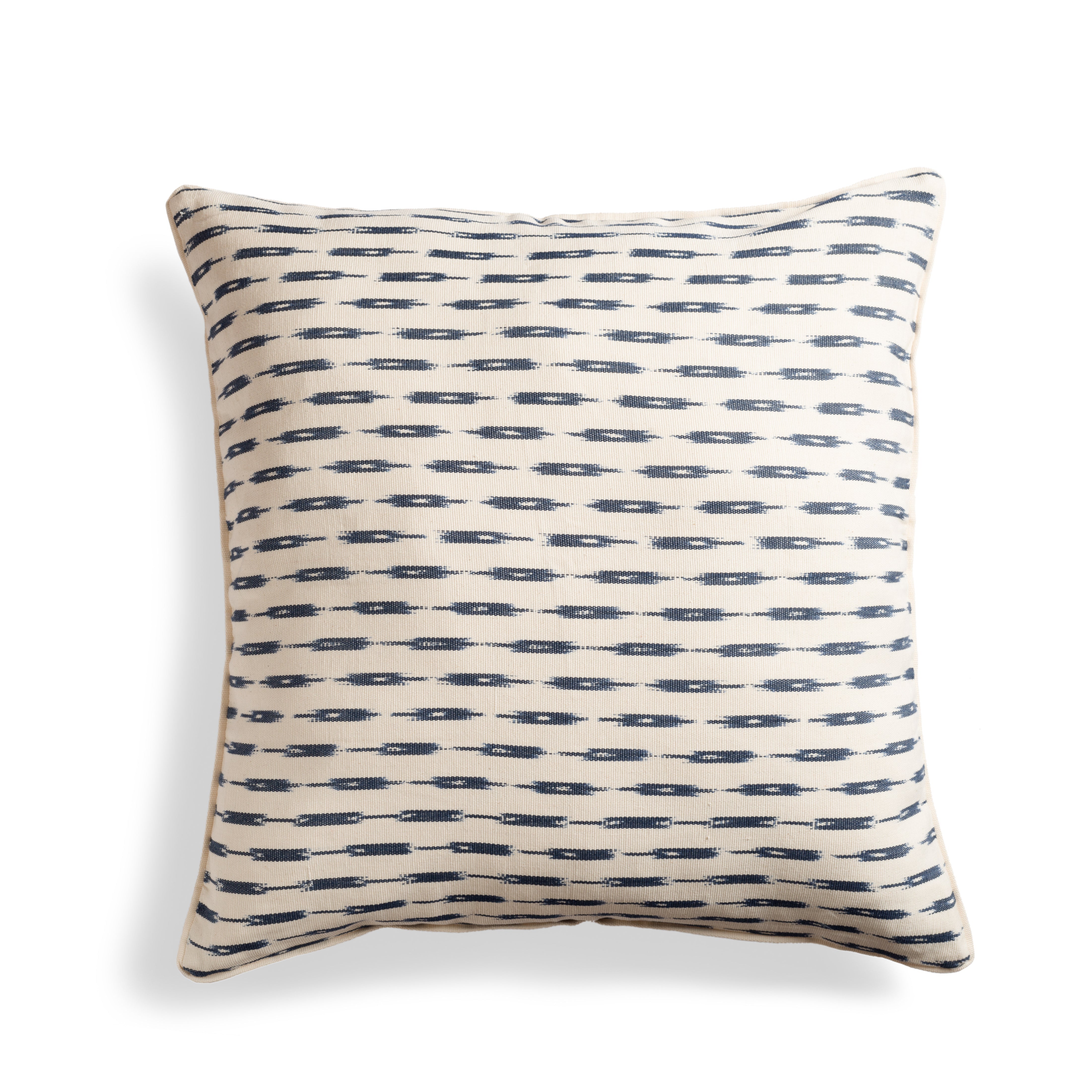 Handwoven artisan 24" Square Pillow Atitlan Jaspe Ikat. The Atitlán Jaspe Ikat pattern is abstract horizontal rectangles with a stripe through the middle. They are in dark grey colors over a white background.