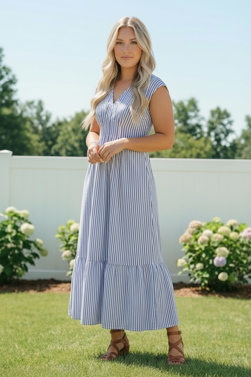 Sunny Days Striped Midi Dress in Blue - Charming Charlie