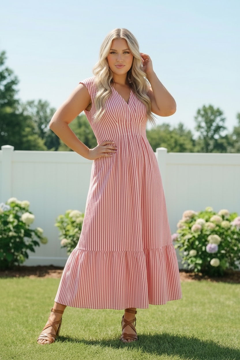 Sweet Stripe Tiered Maxi Dress in Red - Charming Charlie