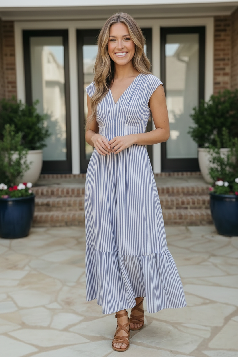 Sunny Days Striped Midi Dress in Blue - Charming Charlie