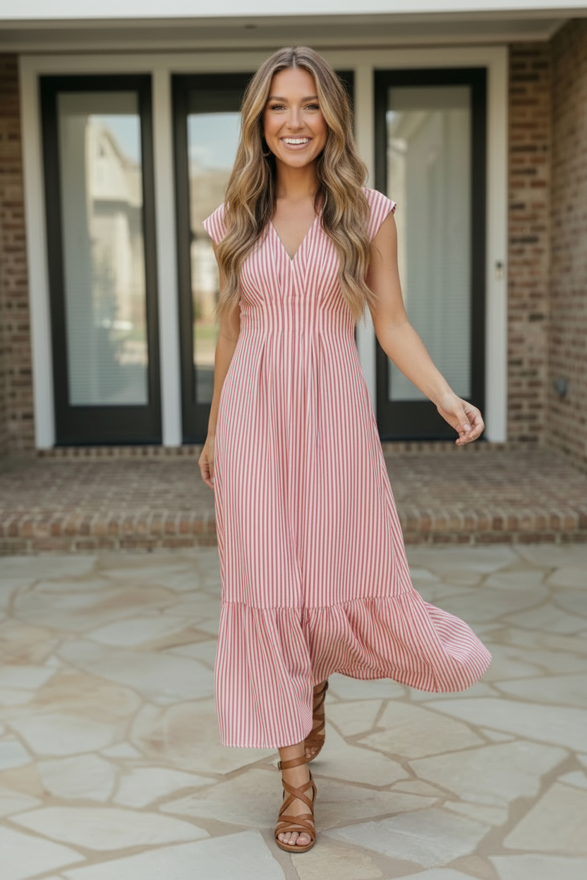 Sweet Stripe Tiered Maxi Dress in Red - Charming Charlie