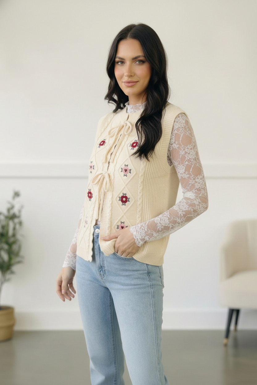 Sweetheart Stitch Embroidered Vest - Charming Charlie
