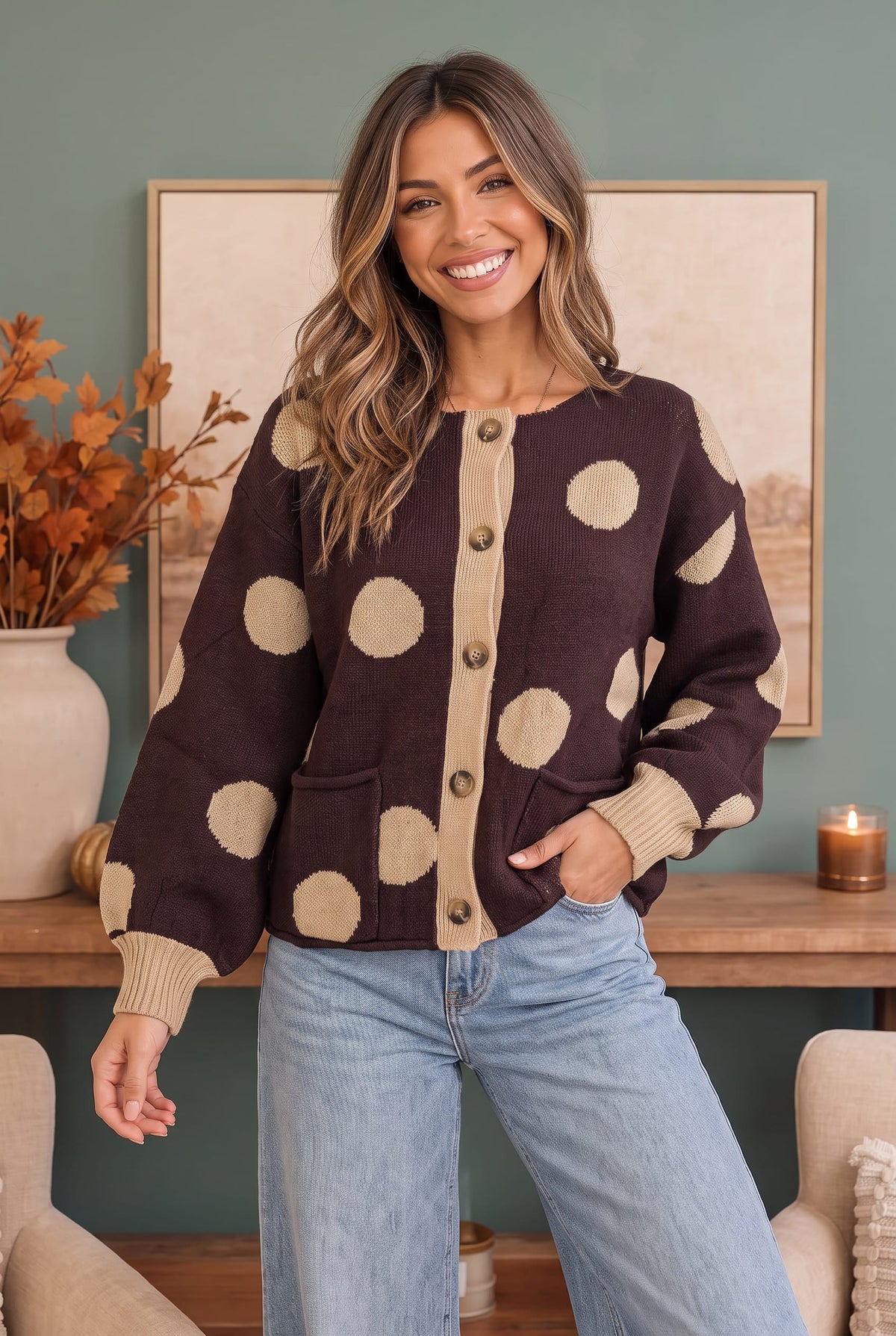 Dotty For You Chocolate Polka Dot Knit Cardigan - Charming Charlie
