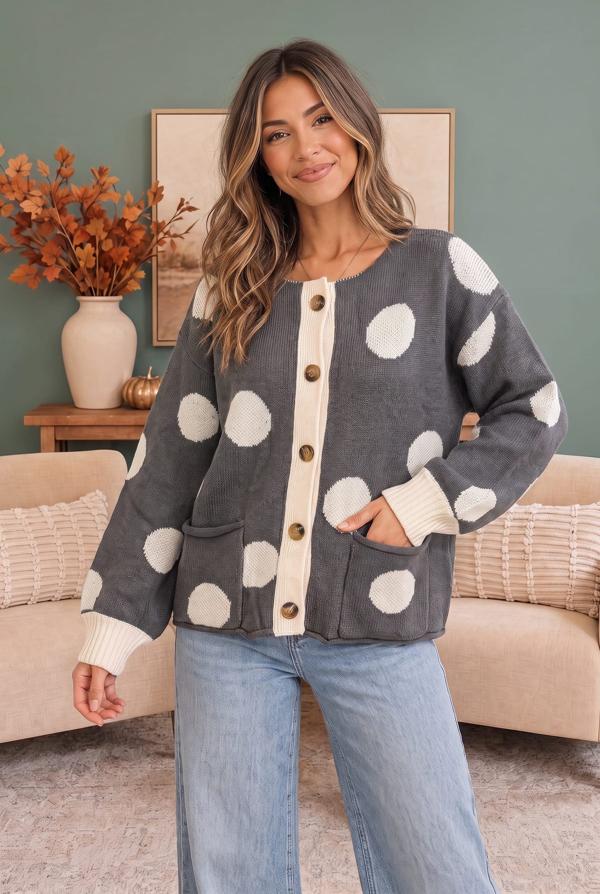 Dotty For You Charcoal Polka Dot Knit Cardigan - Charming Charlie
