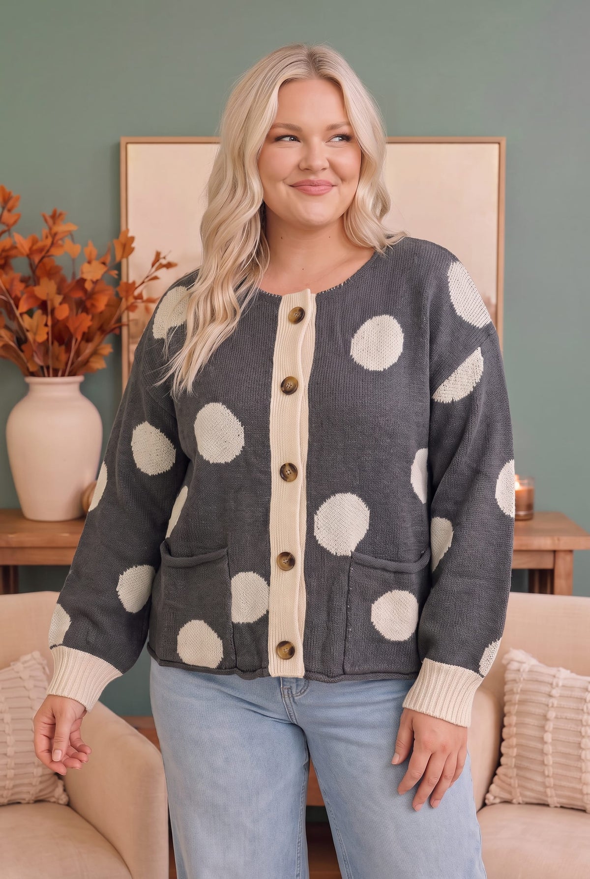 Dotty For You Charcoal Polka Dot Knit Cardigan - Charming Charlie