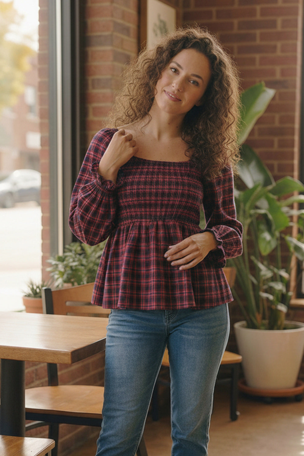 Sweetheart Smocked Cranberry Plaid Top - Charming Charlie