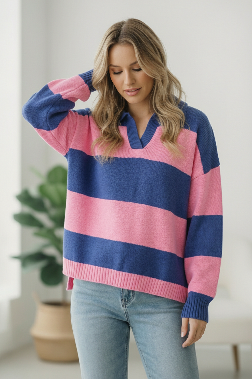 I'll Be On The Sidelines Blue and Pink Sweater - Charming Charlie
