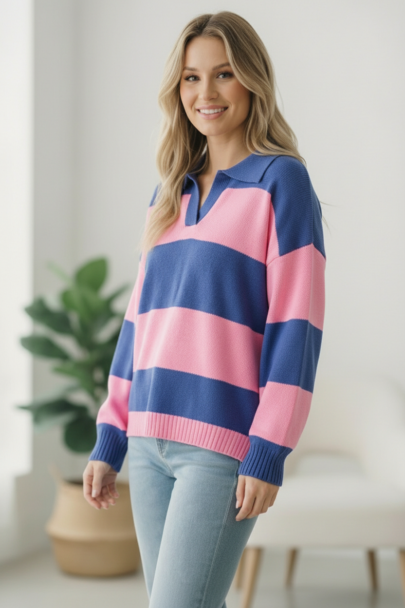I'll Be On The Sidelines Blue and Pink Sweater - Charming Charlie
