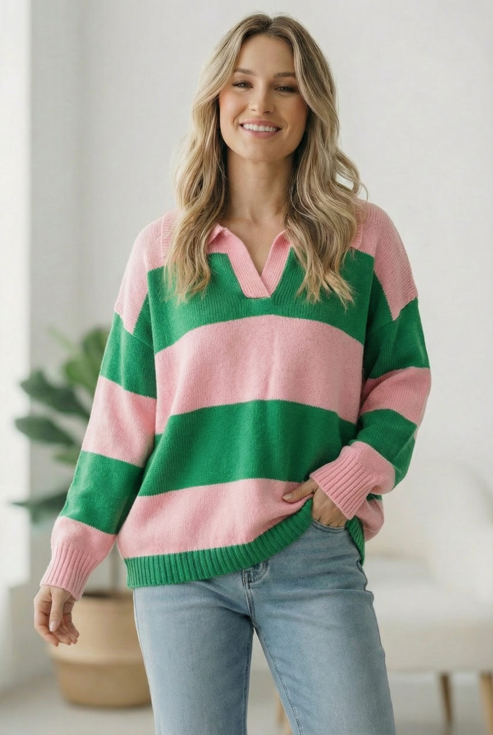 I'll Be On The Sidelines Green and Pink Sweater - Charming Charlie