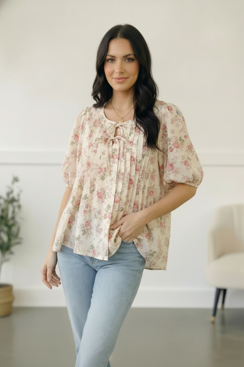 With a Rosy Glow Cream Pleated Top - Charming Charlie
