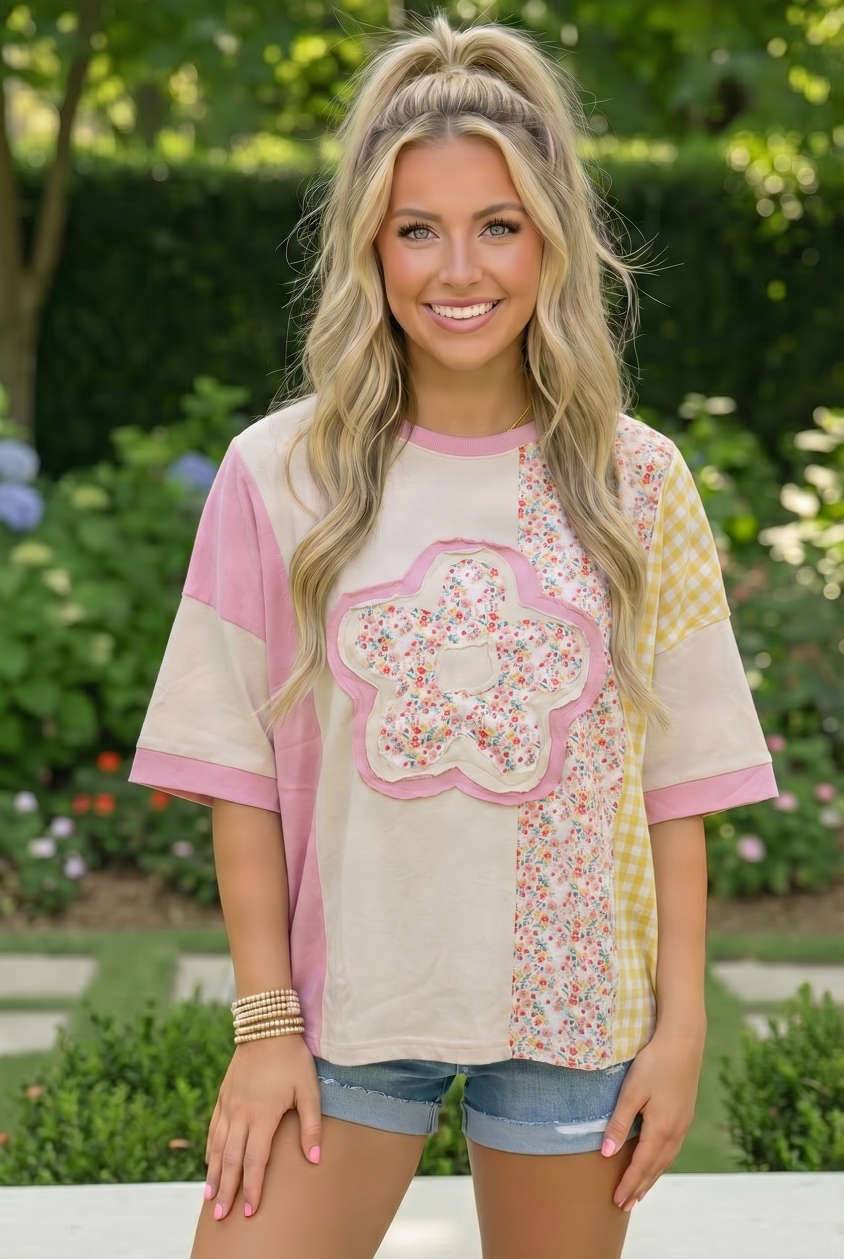 Patchwork Flower Oversized Tee in Pink and Yellow - Charming Charlie