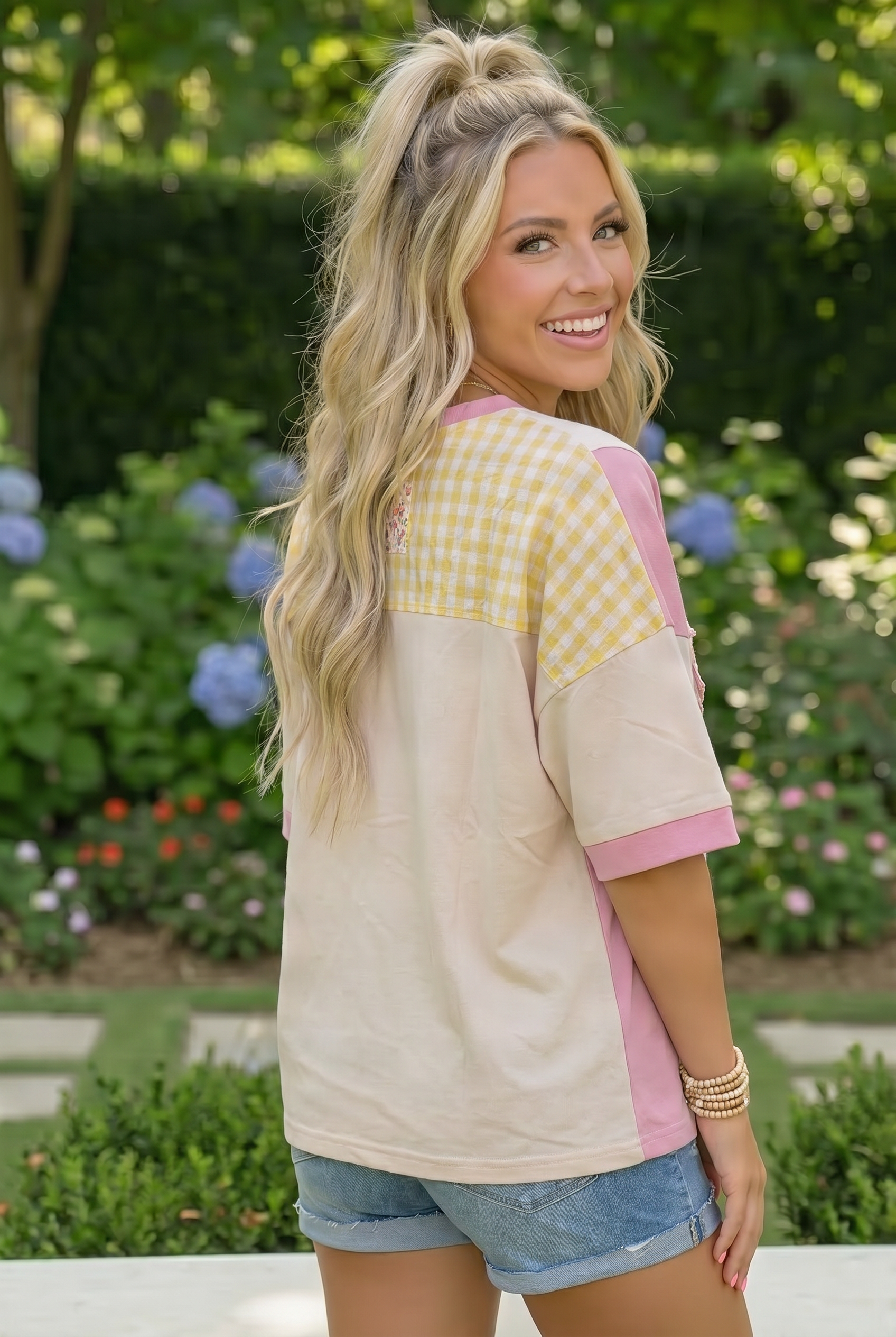 Patchwork Flower Oversized Tee in Pink and Yellow - Charming Charlie