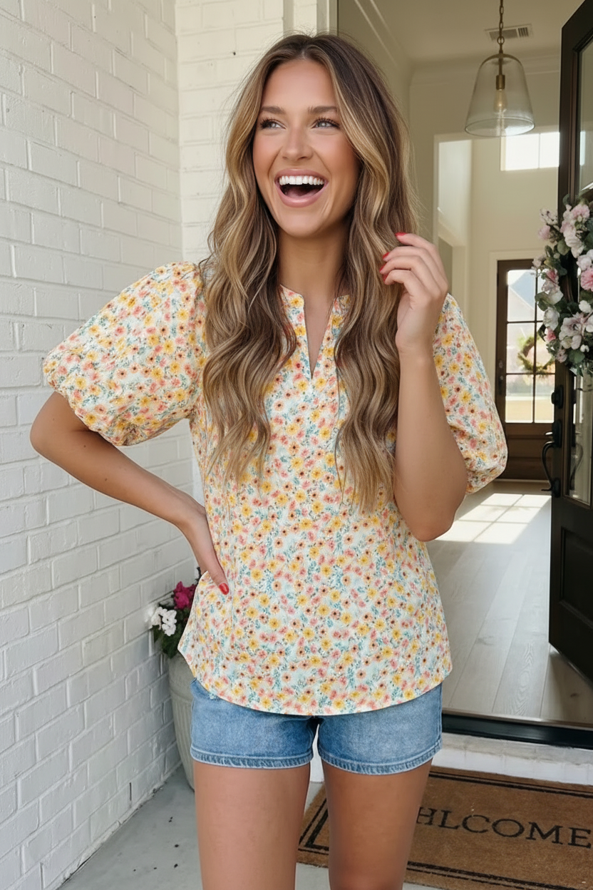 Sunny Garden Floral Puff Sleeve Top - Charming Charlie