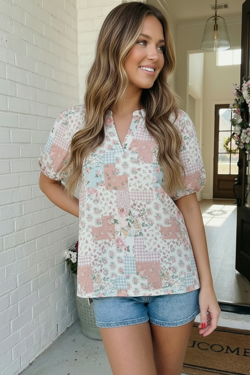 Patchwork Floral Puff Sleeve Top - Charming Charlie