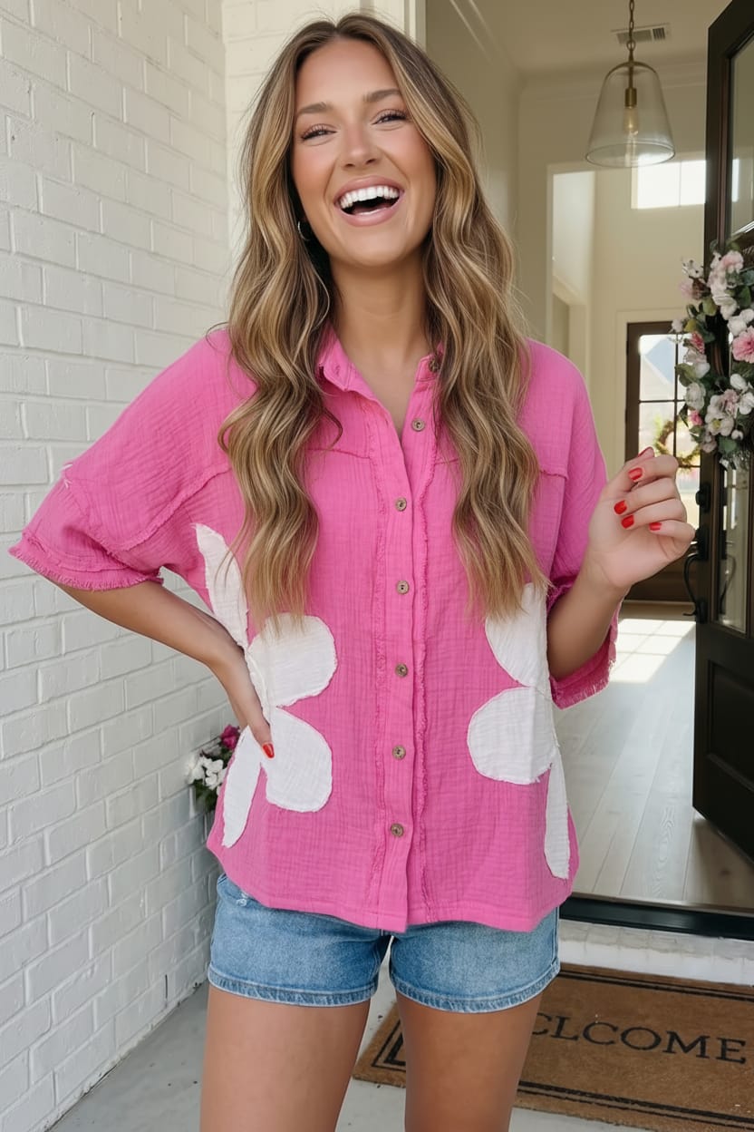 Big Bloom Button Down in Hot Pink - Charming Charlie