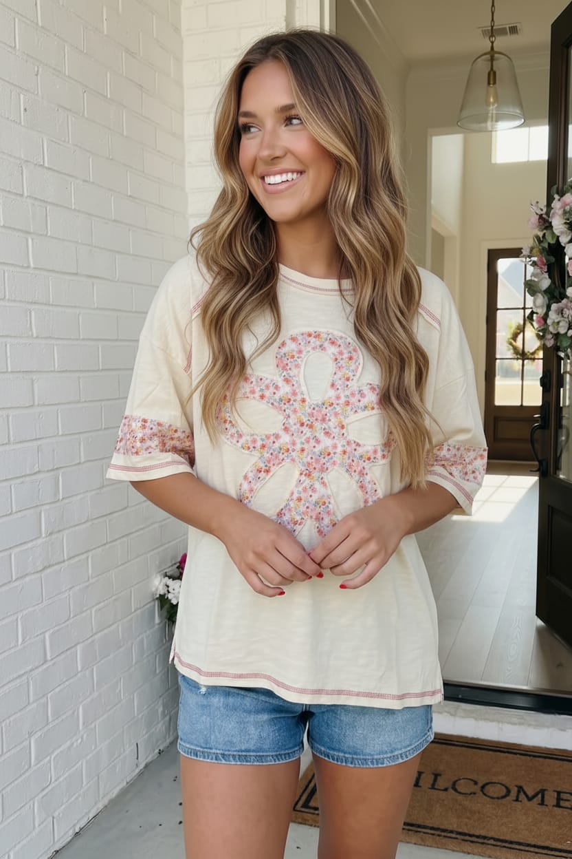 Floral Looped Cream Graphic Tee - Charming Charlie