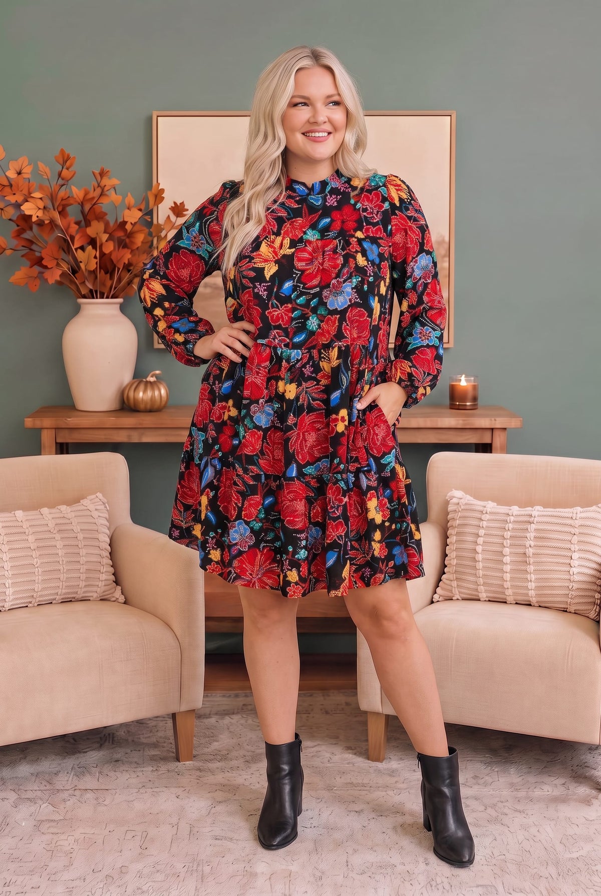 Bold Blooms Long Sleeve Tiered Mini Dress - Charming Charlie