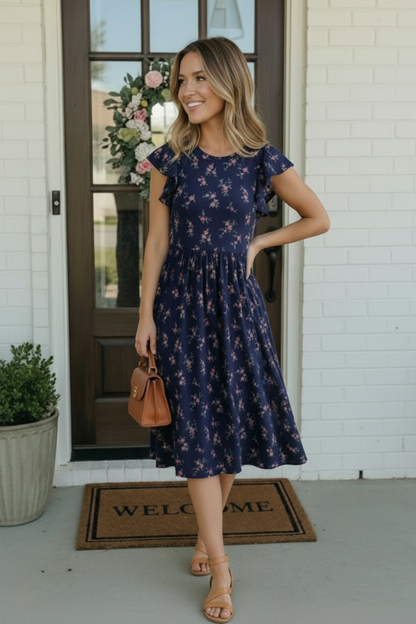 Navy Floral Flutter Sleeve Midi Dress - Charming Charlie