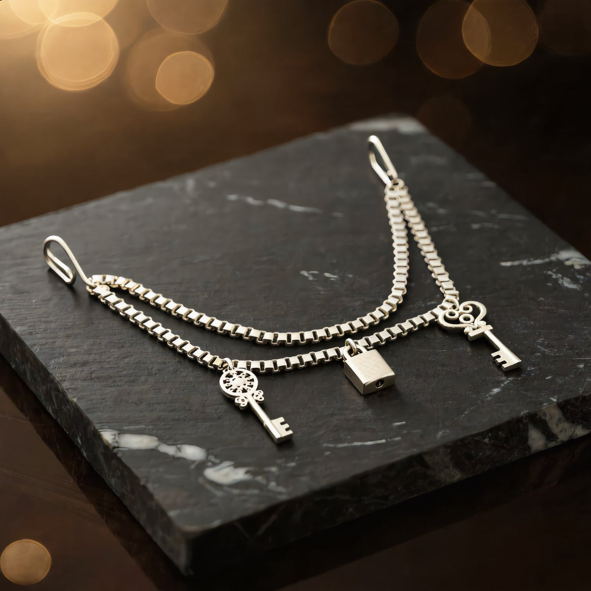 Silver-tone Double Chain Hip Clip with Key and Padlock Charms - Charming Charlie