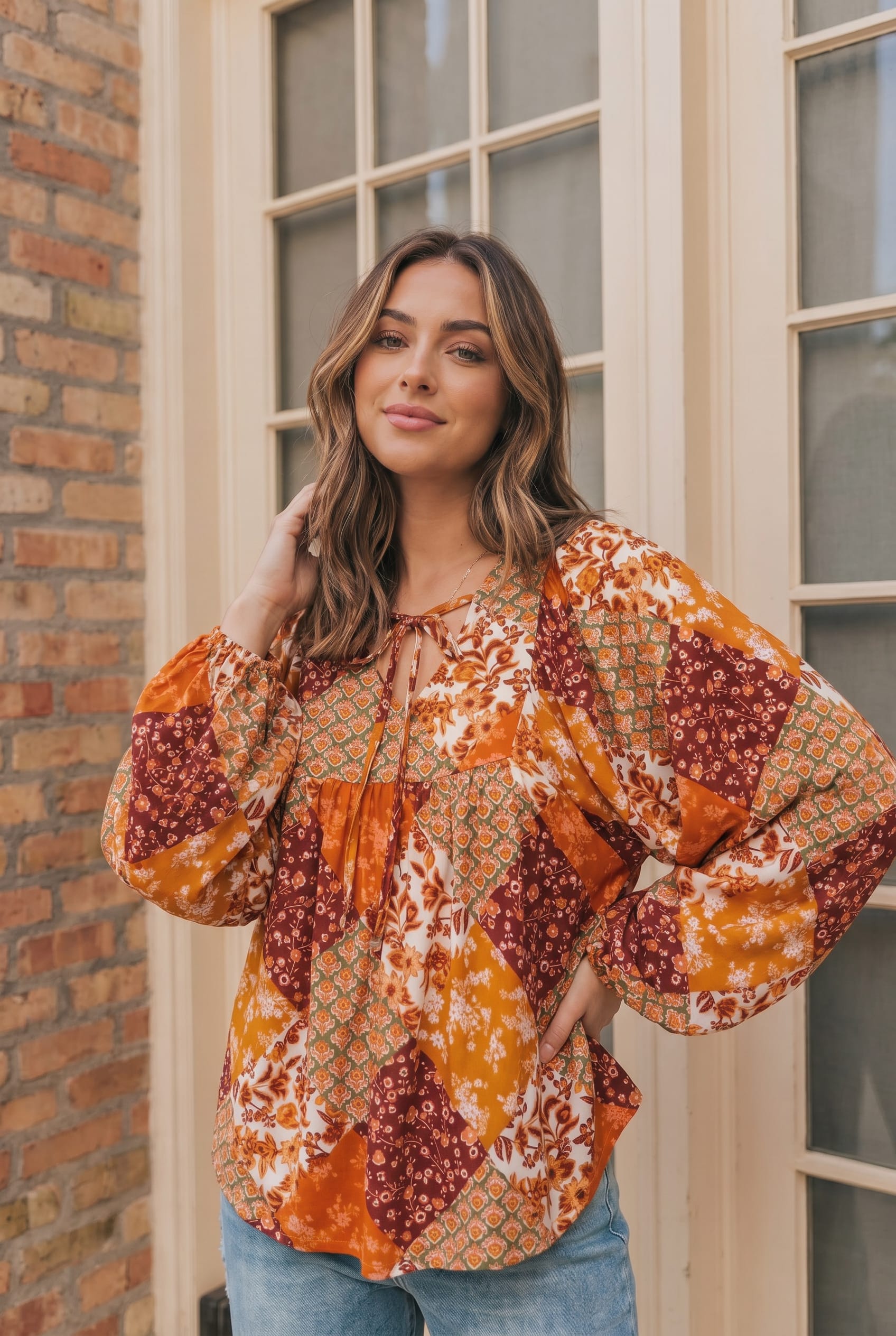 Autumn Patchwork Boho Blouse in Rust - Charming Charlie