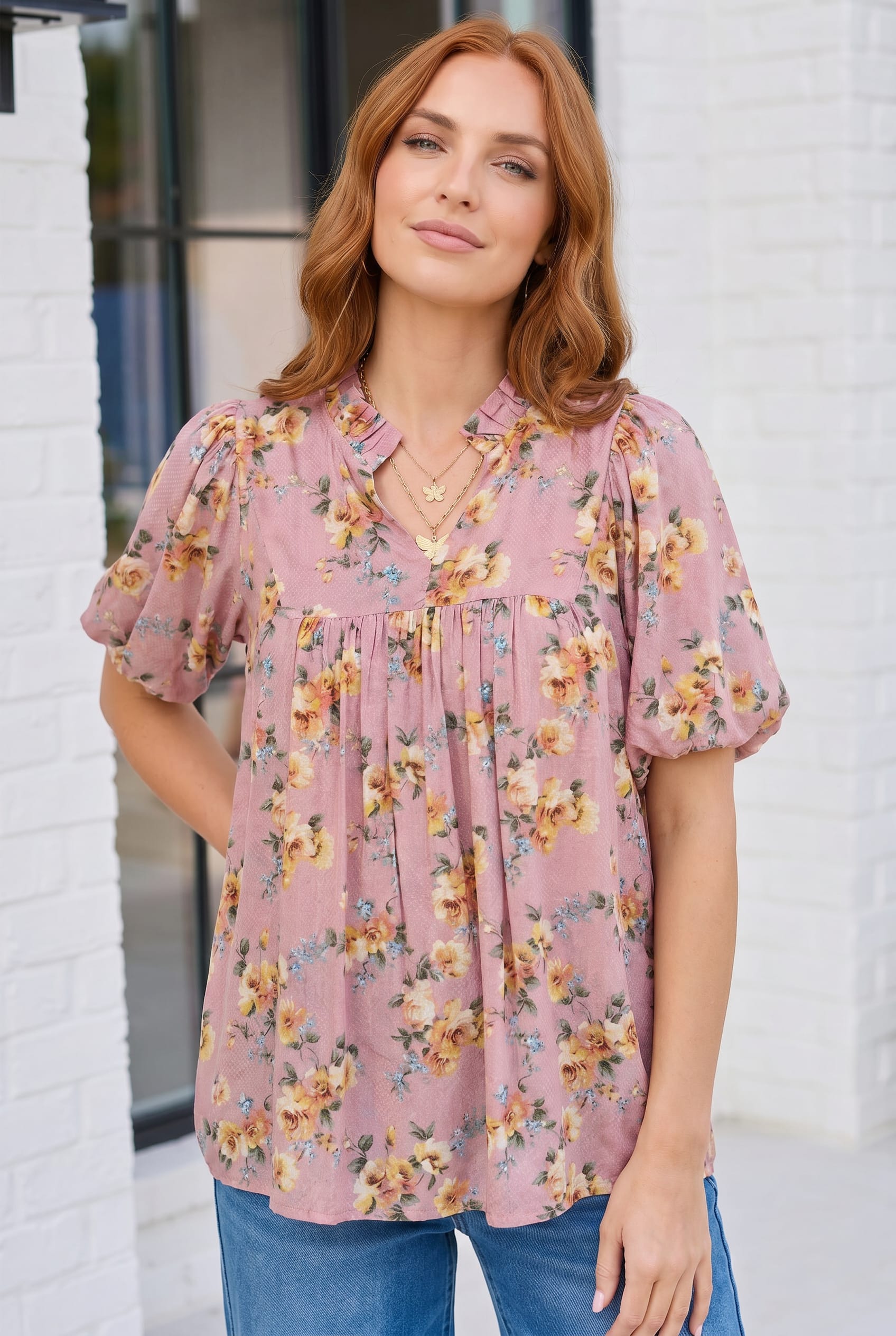Blooming With Joy Rose Floral Puff Sleeve Top - Charming Charlie
