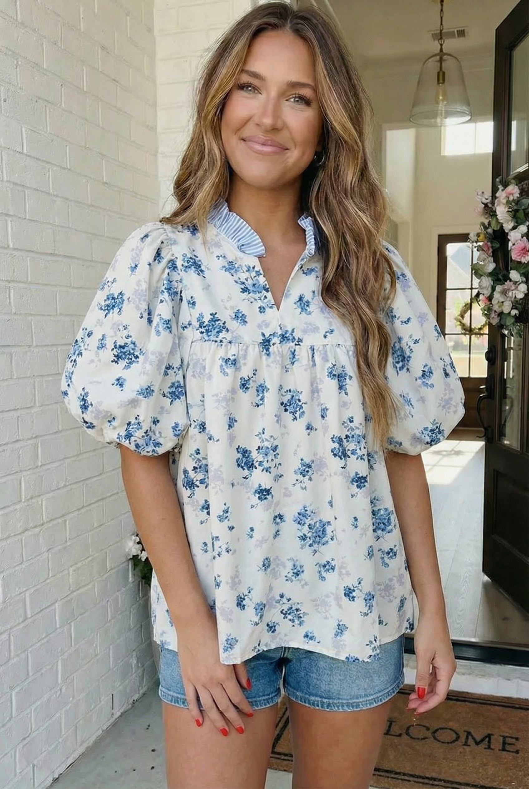 Sweet in Blue Floral Puff Sleeve Babydoll Top - Charming Charlie