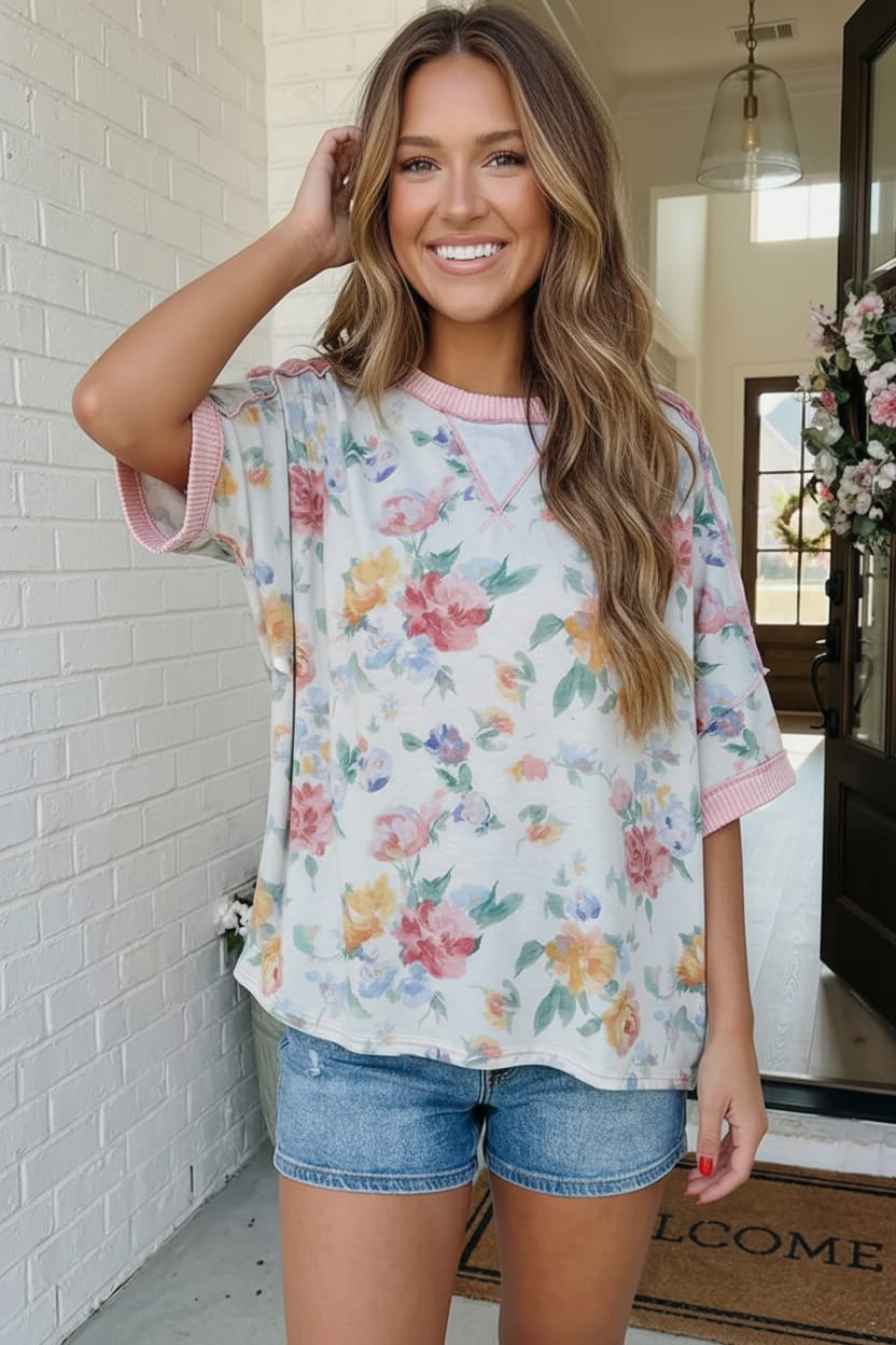 Rosey Teacup Ribbed Crewneck - Charming Charlie