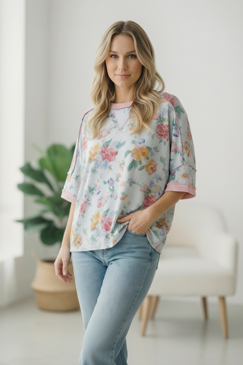 Rosey Teacup Ribbed Crewneck - Charming Charlie