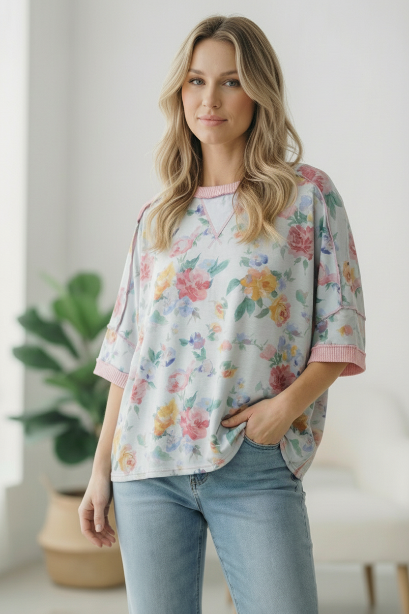 Rosey Teacup Ribbed Crewneck - Charming Charlie