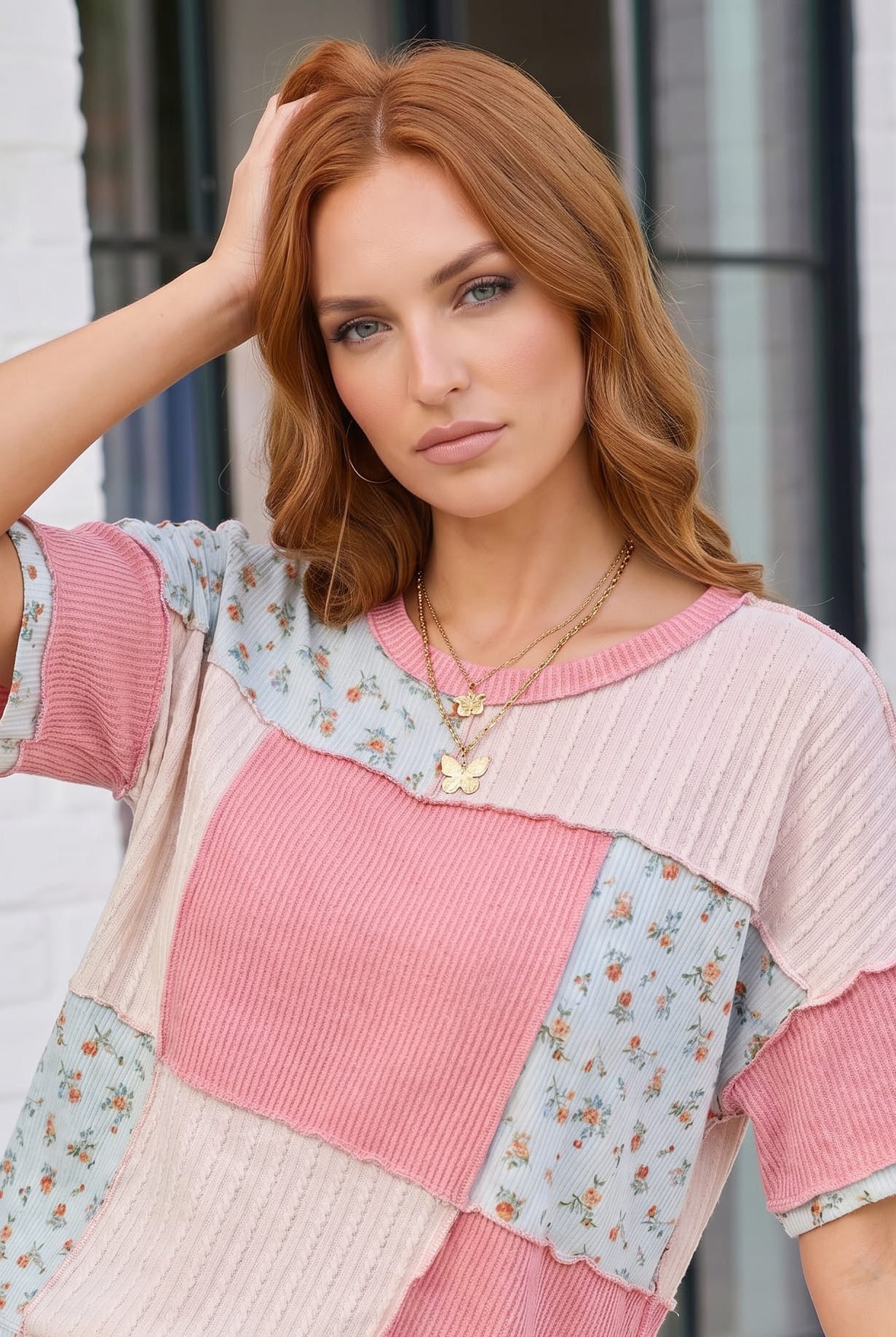 Patchwork Floral Ruffle Top in Pink and Blue - Charming Charlie
