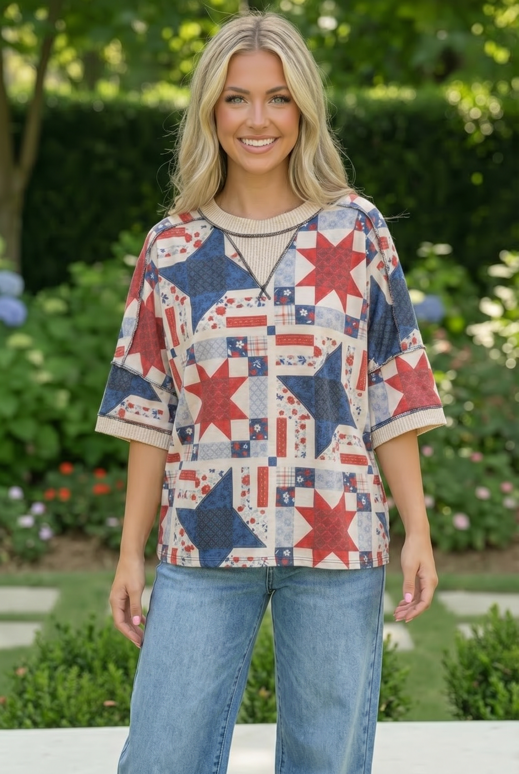 Stars and Patches Quilted Print Top - Charming Charlie