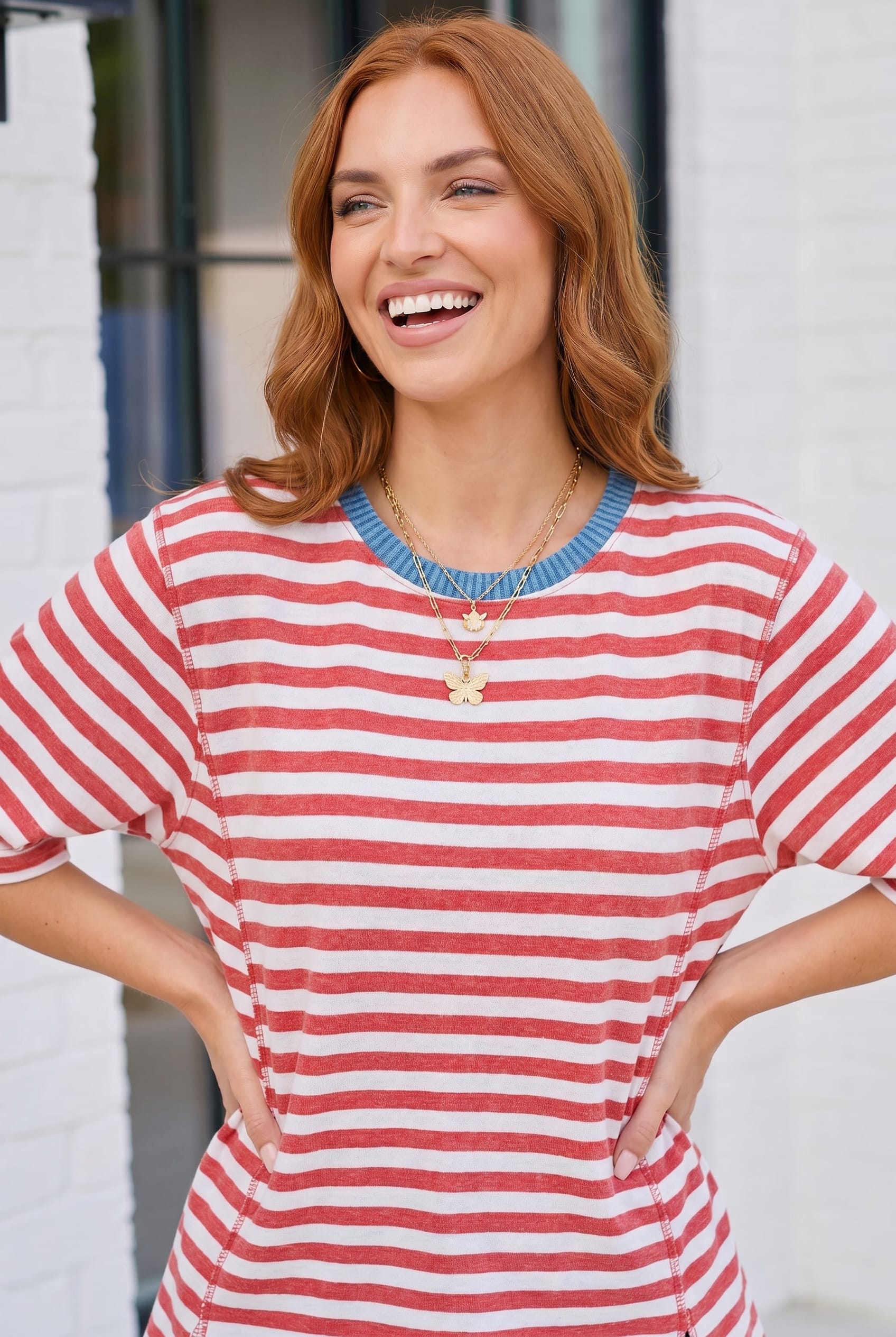 Retro Stripe Oversized Tee with Contrast Ribbed Neck - Charming Charlie