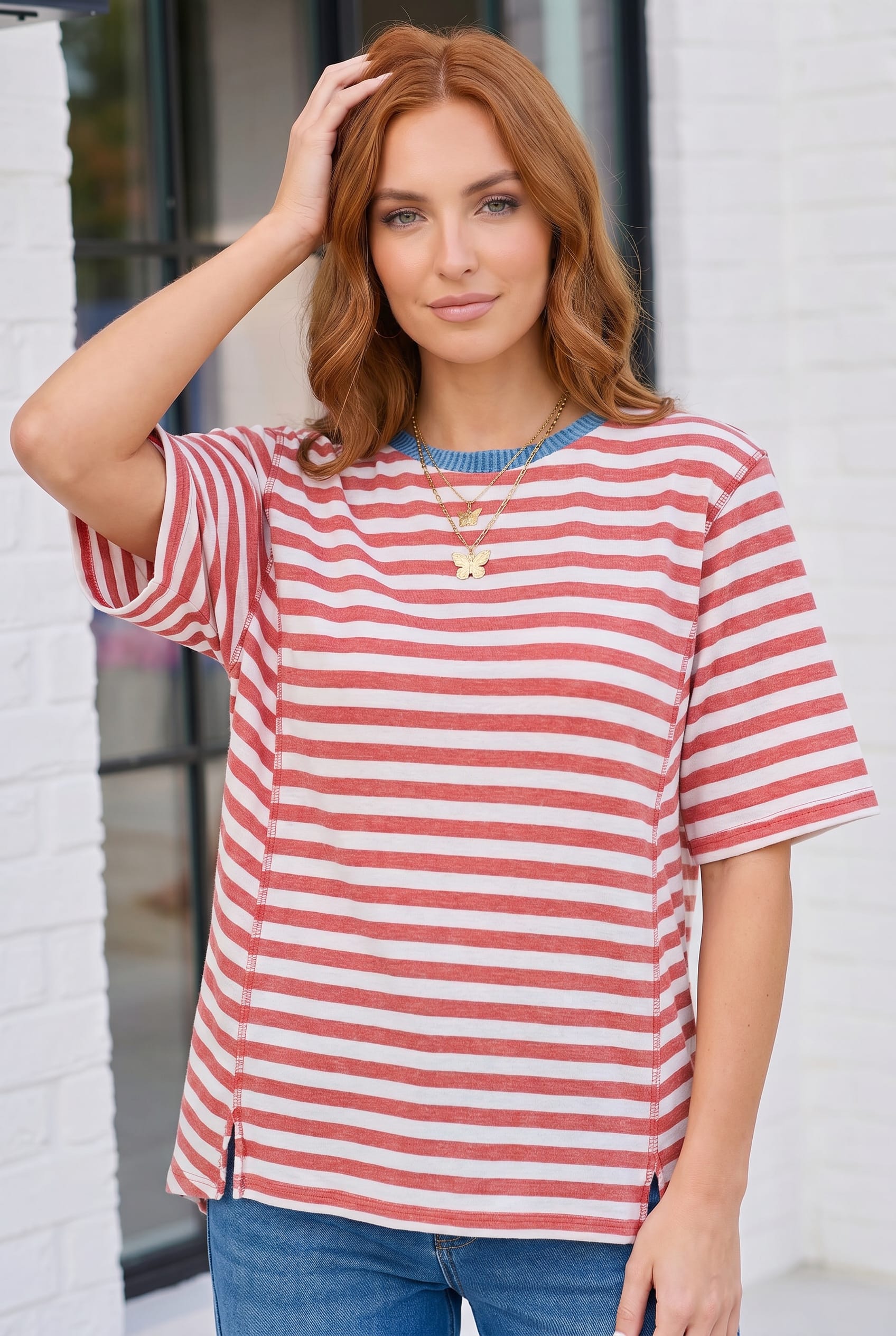 Retro Stripe Oversized Tee with Contrast Ribbed Neck - Charming Charlie