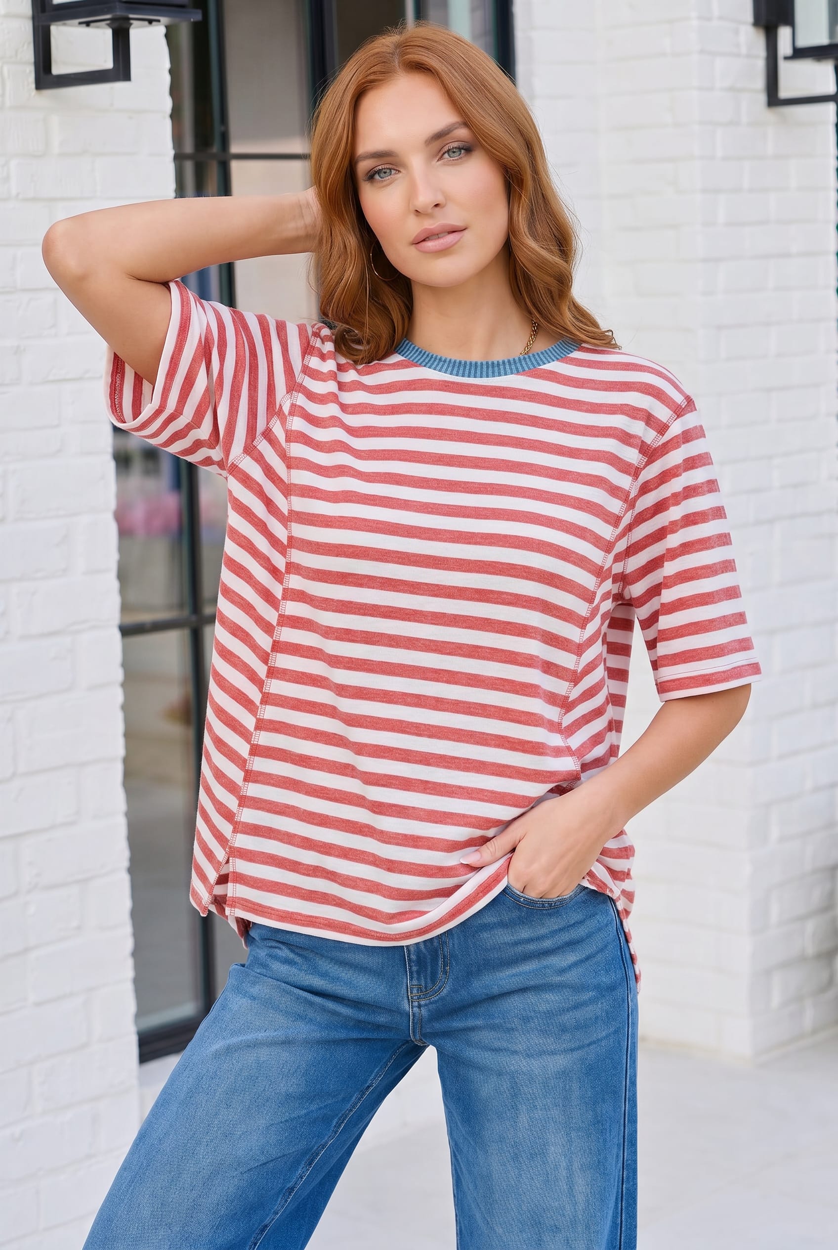 Retro Stripe Oversized Tee with Contrast Ribbed Neck - Charming Charlie