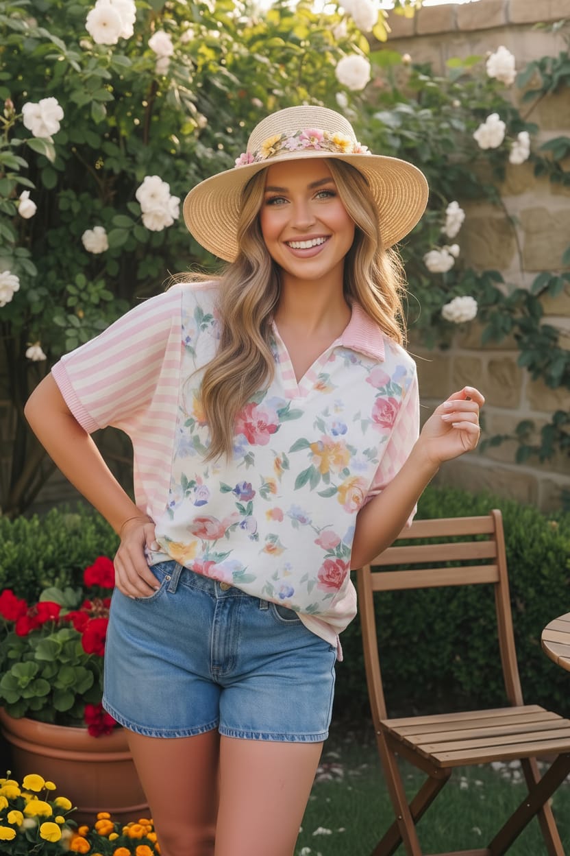 Strawberry Patch Floral and Stripe Mixed Top - Charming Charlie